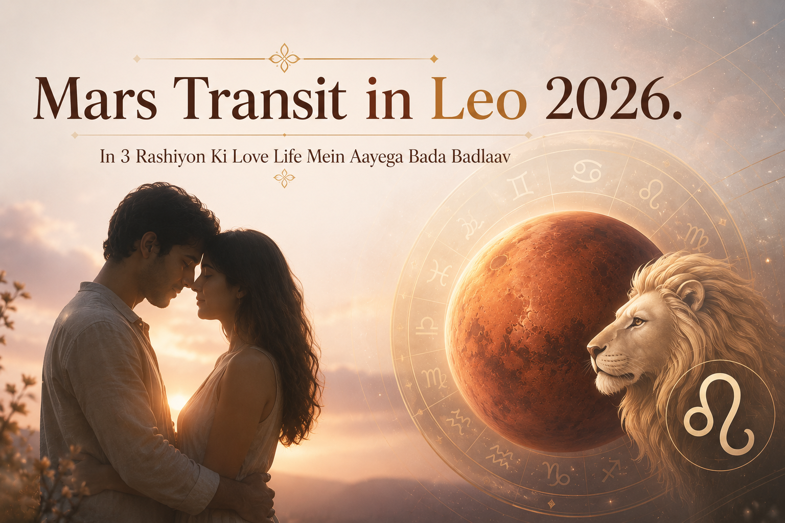 A soft-toned astrological illustration showing a romantic couple under a glowing sky beside the planet Mars, zodiac symbols, and a majestic Leo lion, with the heading “Mars Transit in Leo 2026” and a subtitle about love life changes for three zodiac signs.